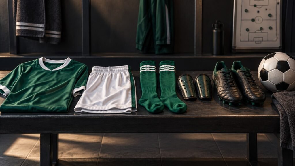 Camiseta, pantalón, medias, espinilleras, botas y balón de fútbol