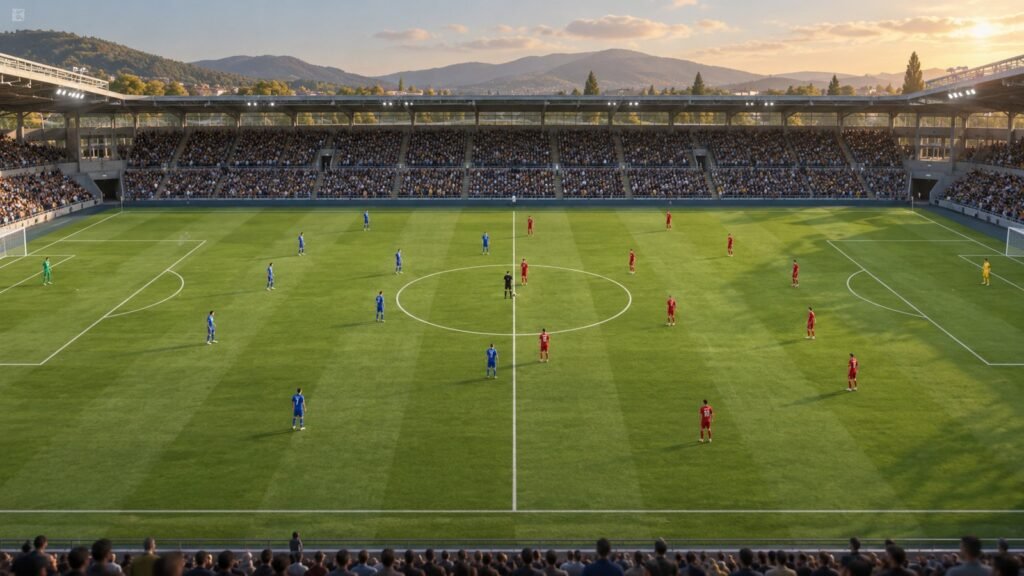 Ilustración de dos equipos sobre un campo de fútbol