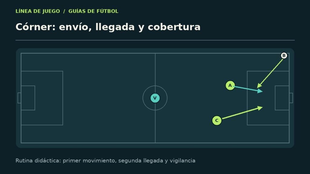 Esquema explicativo: córner: envío, llegada y cobertura