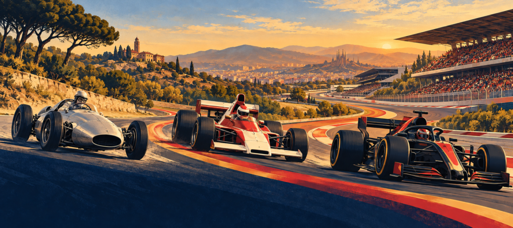 Montaje ilustrativo de monoplazas ficticios y escenarios de distintas épocas del GP de España