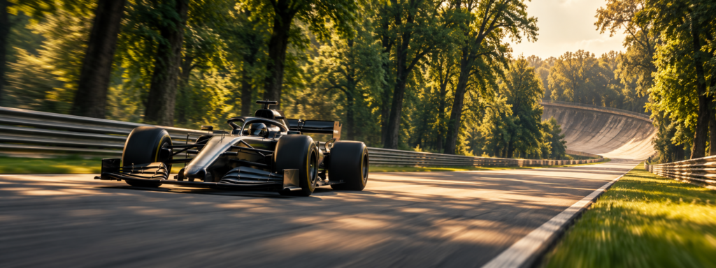 Monoplaza ficticio en un circuito inspirado en Monza con zona de peralte histórico separada