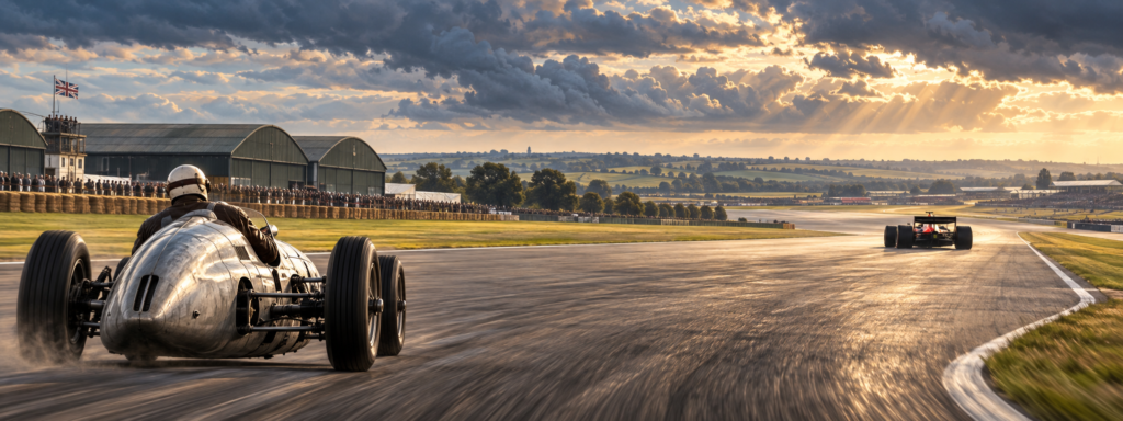 Monoplaza ficticio en una composición inspirada en el pasado y presente del circuito de Silverstone