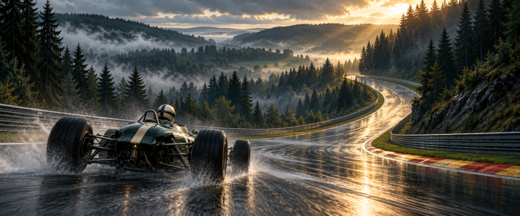 Monoplaza ficticio ascendiendo por una curva inspirada en Spa-Francorchamps entre bosques y niebla
