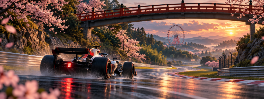 Monoplaza ficticio en curvas enlazadas de un circuito inspirado en Suzuka con noria y puente
