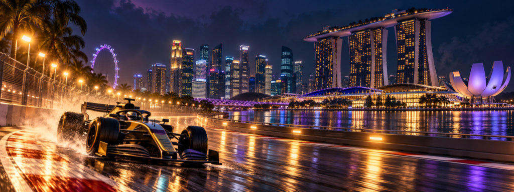 Monoplaza ficticio en una calle iluminada junto a Marina Bay inspirada en el GP nocturno de Singapur