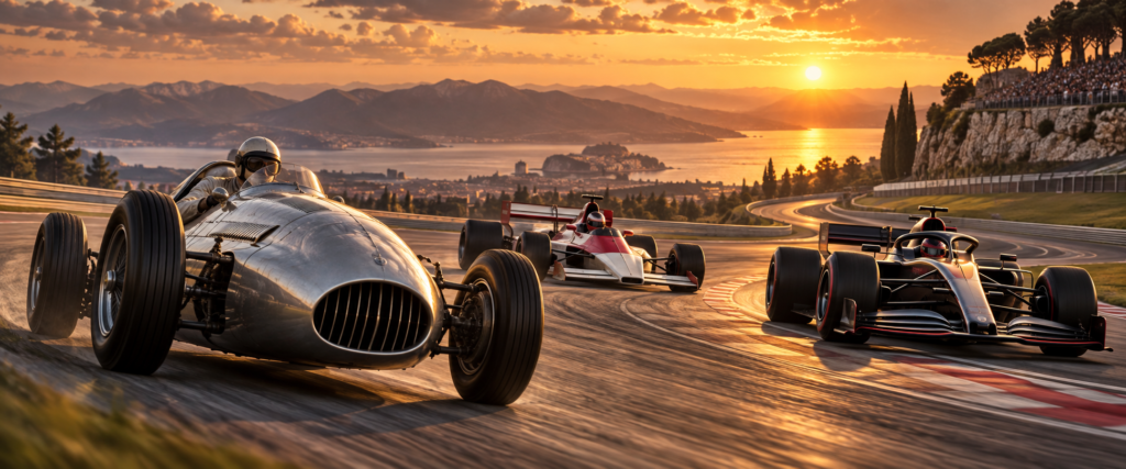 Ilustración conceptual de tres monoplazas ficticios de épocas distintas en un circuito al atardecer