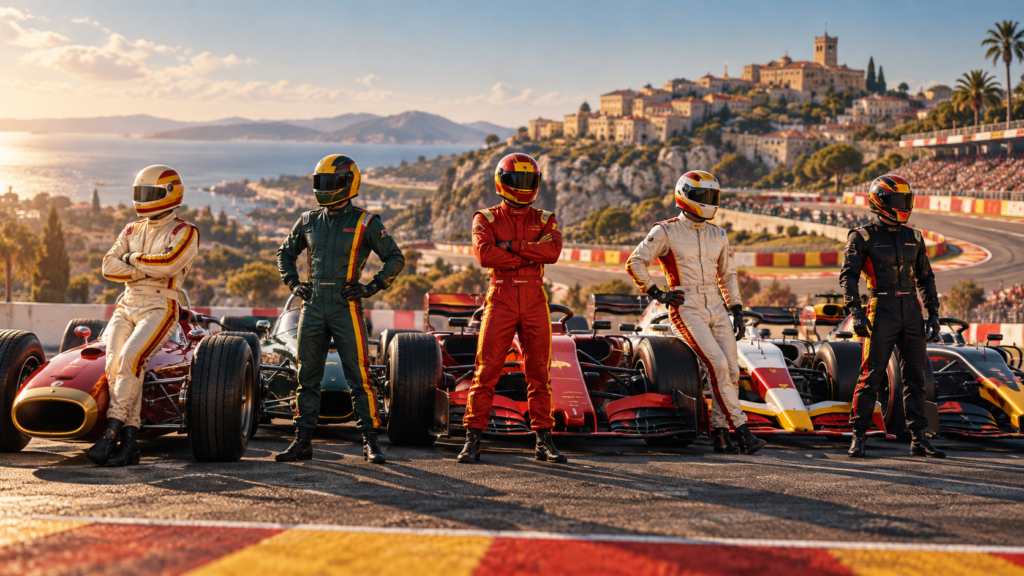 Cinco pilotos ficticios con casco de distintas épocas ante monoplazas conceptuales en un circuito mediterráneo