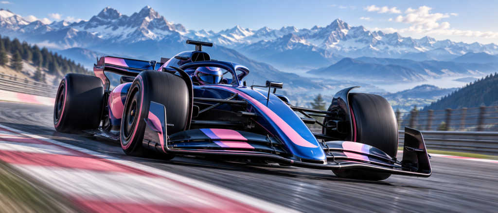Monoplaza ficticio azul y rosa en un circuito ante un horizonte montañoso conceptual