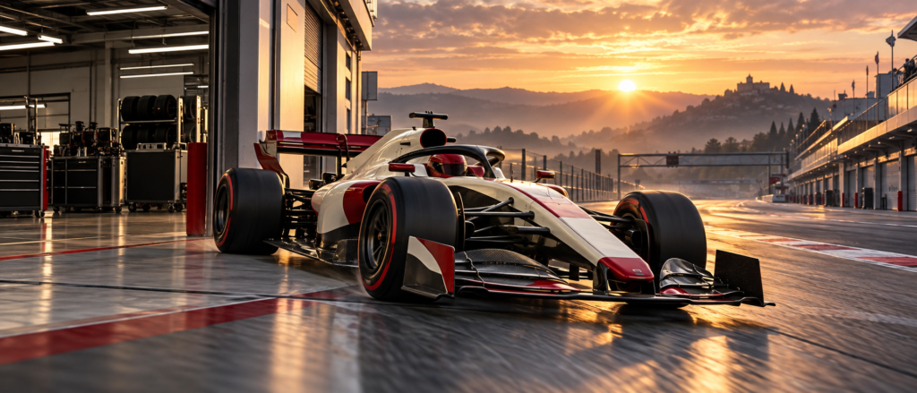 Monoplaza ficticio blanco y granate en un pit lane al amanecer