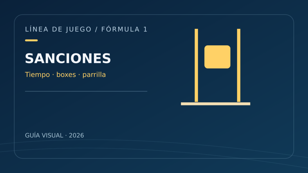 Ilustración conceptual de sanciones en una guía de Fórmula 1, con el texto «SANCIONES».