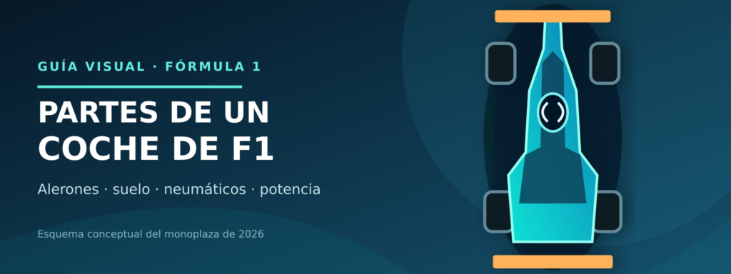 Ilustración panorámica de un monoplaza conceptual de F1 con alerones, ruedas y habitáculo destacados