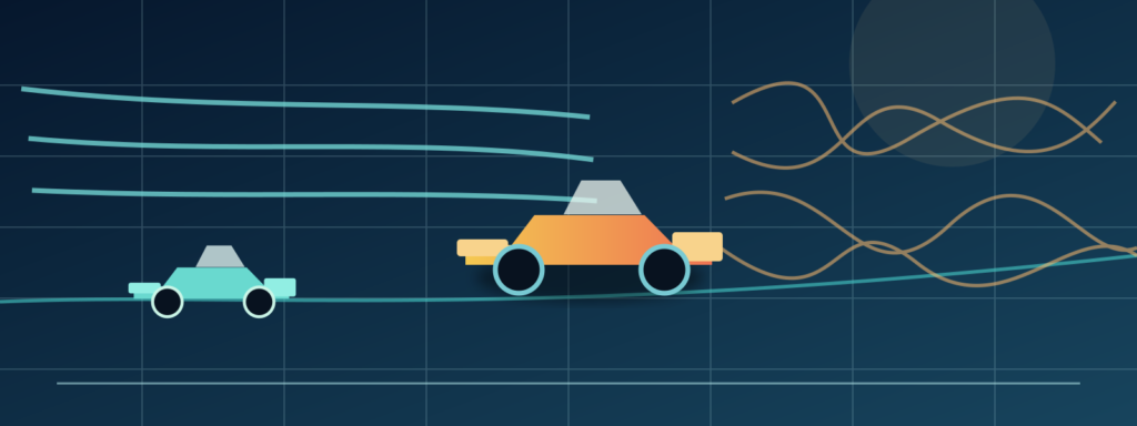 Dos monoplazas conceptuales con líneas de aire limpio y turbulencia tras el coche delantero