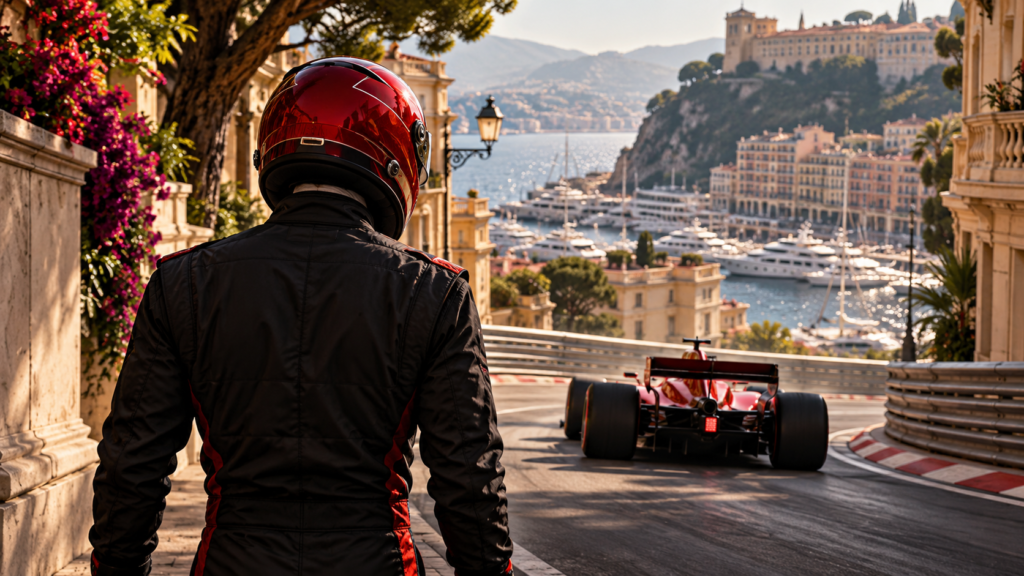 Piloto anónimo con casco rojo frente a un monoplaza ficticio en un circuito urbano mediterráneo