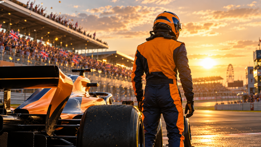 Piloto anónimo con casco junto a un monoplaza naranja ficticio en un circuito al atardecer