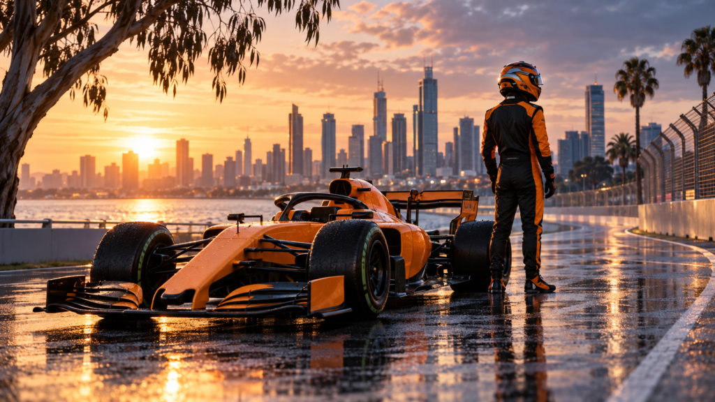 Piloto anónimo con casco junto a un monoplaza naranja ficticio bajo la luz del amanecer en Melbourne