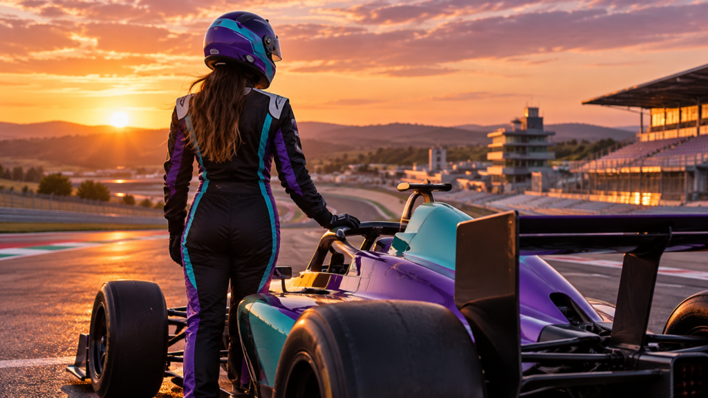 Piloto con casco de espaldas junto a un monoplaza violeta y turquesa al atardecer, ilustración conceptual