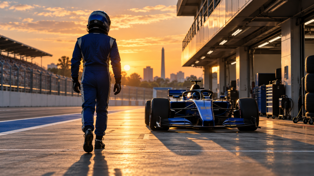 Piloto ficticio de espaldas camino a un monoplaza azul al atardecer