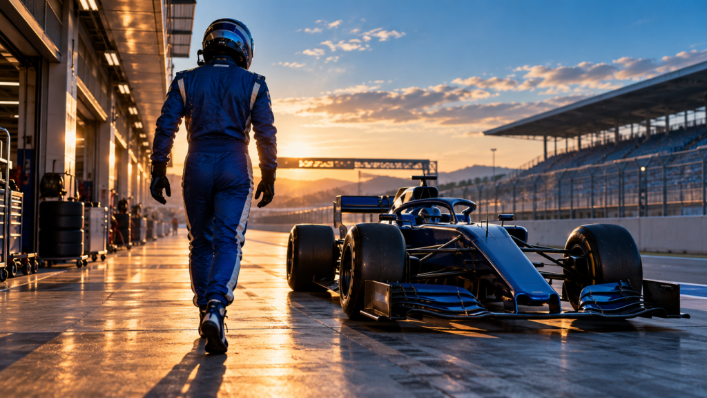 Piloto ficticio de espaldas caminando hacia un monoplaza azul al atardecer