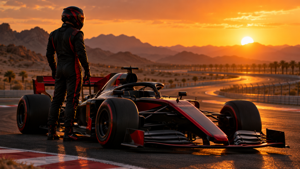 Piloto ficticio con casco junto a monoplaza rojo y negro al atardecer