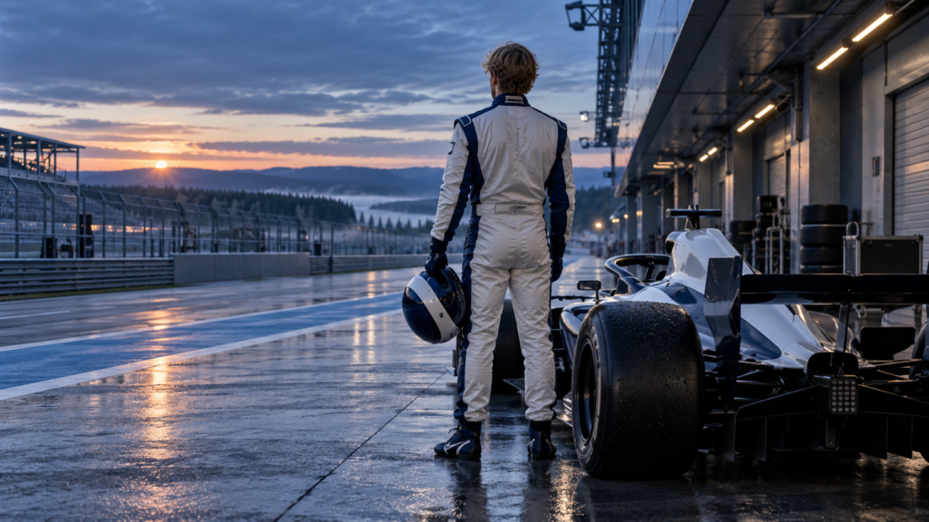 Piloto ficticio de espaldas junto a un monoplaza azul y blanco en un pit lane al amanecer