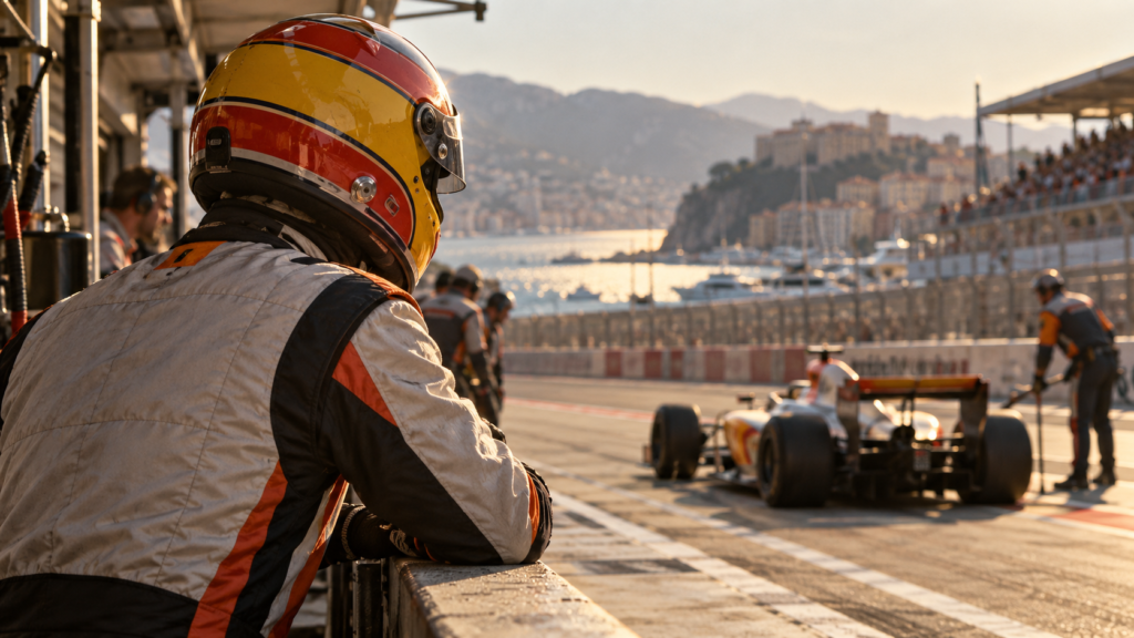 Piloto ficticio con casco junto a un monoplaza plateado y naranja en boxes de época