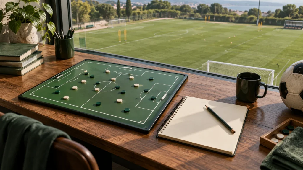 Pizarra táctica y cuaderno para preparar el análisis de un partido de fútbol.