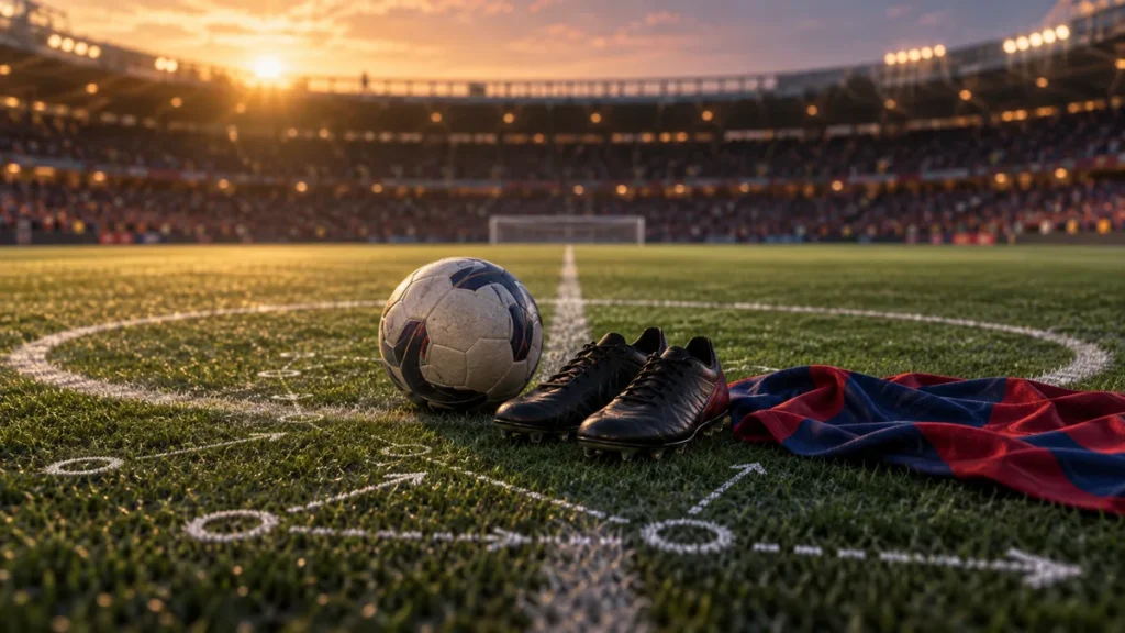 Botas y balón en el centro del campo bajo luz tenue de estadio