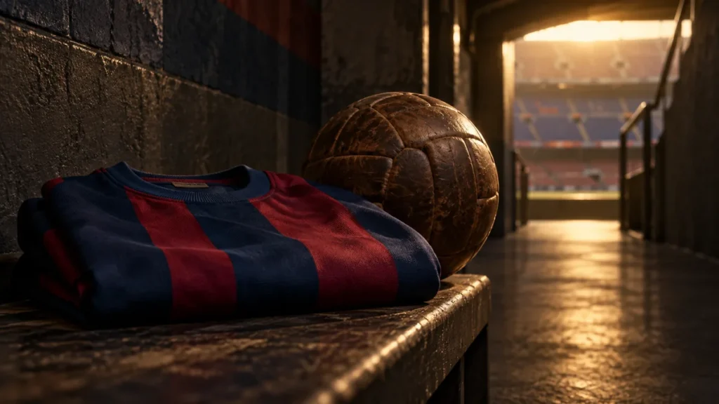 Camiseta azul y granate sin escudo junto a un balón antiguo en un estadio