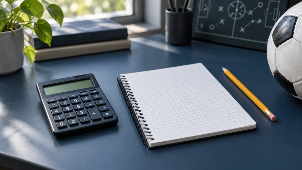 Calculadora, cuaderno y balón para ilustrar los cálculos de cuotas y retornos.