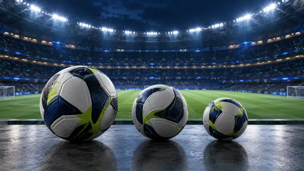 Tres balones sin marcas frente a un estadio para representar torneos de selecciones