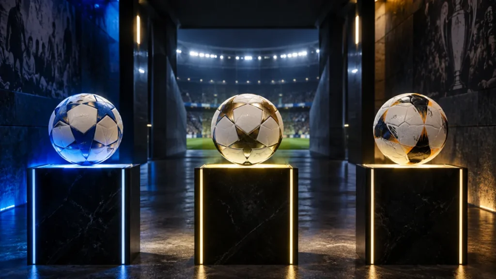 Tres balones sin marcas en soportes iluminados dentro de un estadio