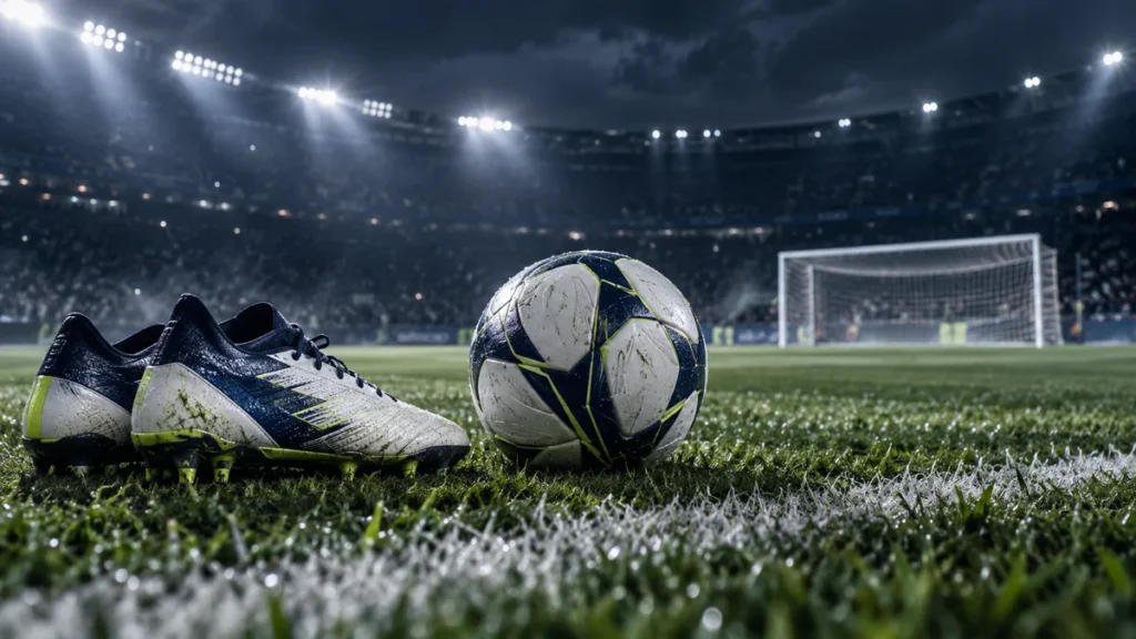 Ilustración editorial de botas y balón ante una portería iluminada de noche