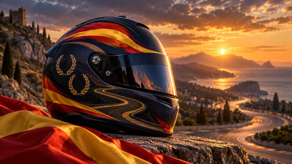 Ilustración simbólica de un casco sin marcas con colores españoles; no es un retrato ni un casco usado por Fernando Alonso.