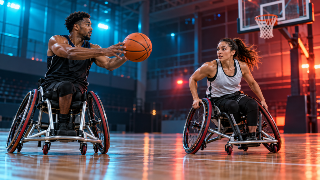 Dos deportistas ficticios en sillas deportivas realizan un pase en una pista de baloncesto