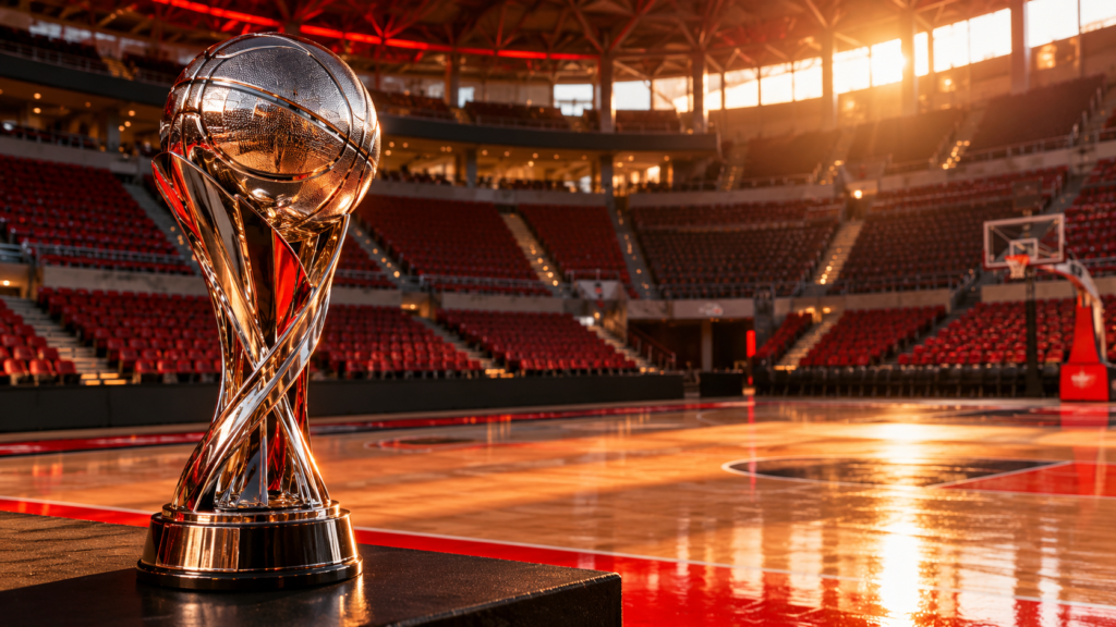 Trofeo de baloncesto imaginario junto a una cancha vacía, ilustración editorial sin insignias