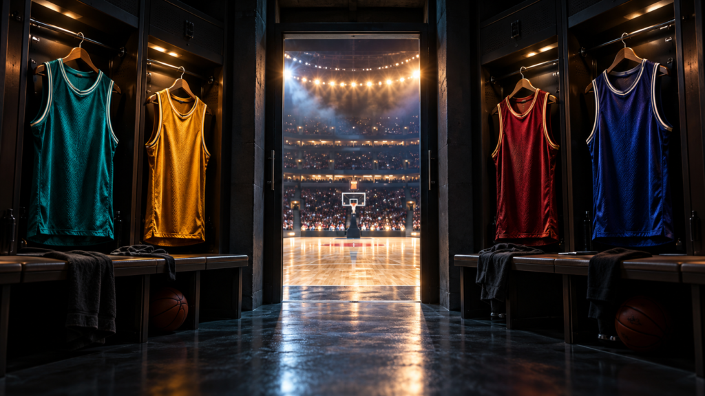 Cuatro camisetas ficticias de baloncesto frente a una pista iluminada
