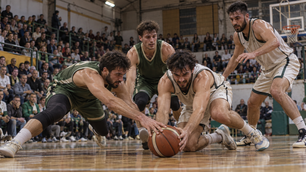 Jugadores de baloncesto masculino disputan balón en un pabellón local ficticio