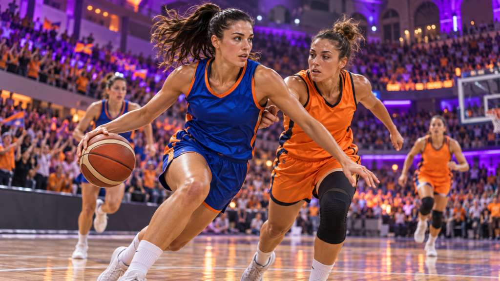 Dos jugadoras de equipos ficticios disputan una acción de baloncesto femenino