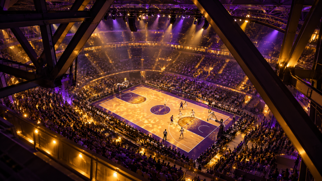 Pabellón europeo ficticio visto desde arriba con cancha iluminada en violeta y oro