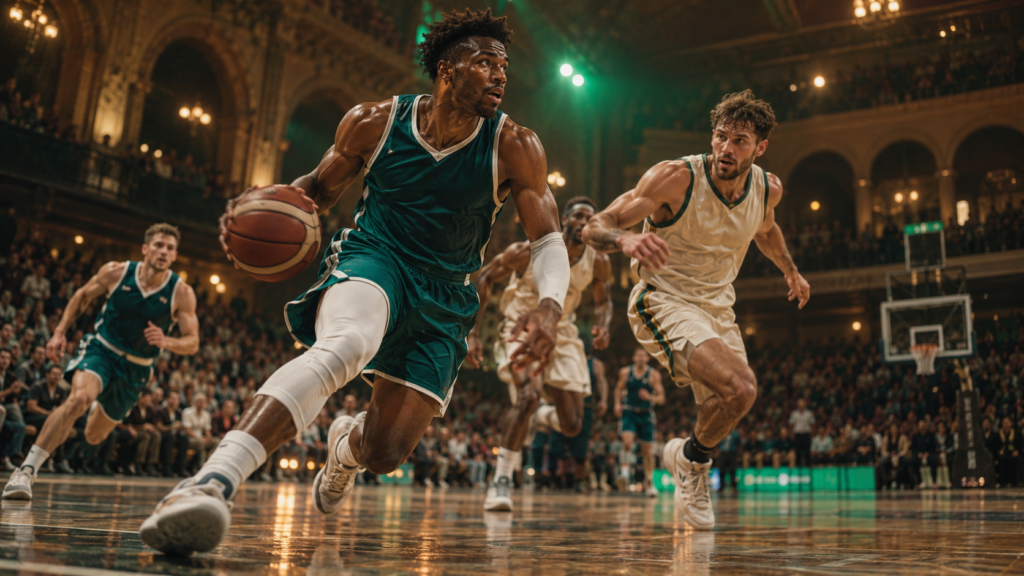 Dos equipos ficticios de baloncesto en carrera en un pabellón europeo de luz esmeralda