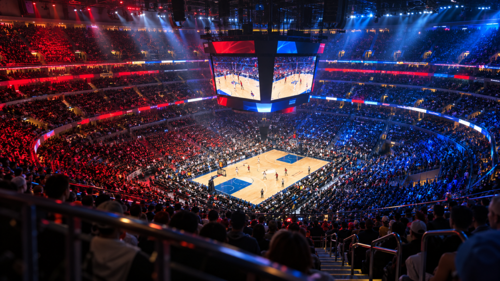 Gran arena ficticia de baloncesto vista desde la grada alta con luces rojas y azules
