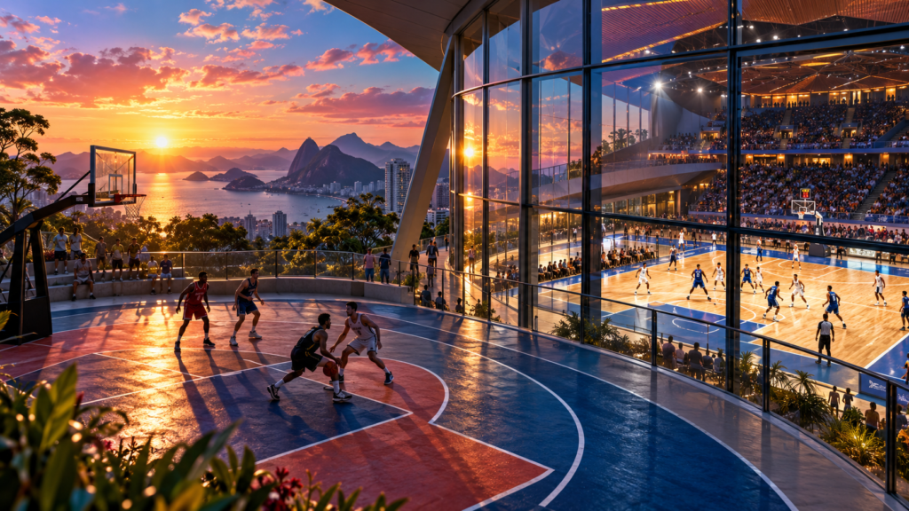 Escenas ficticias de baloncesto olímpico de cinco contra cinco y tres contra tres