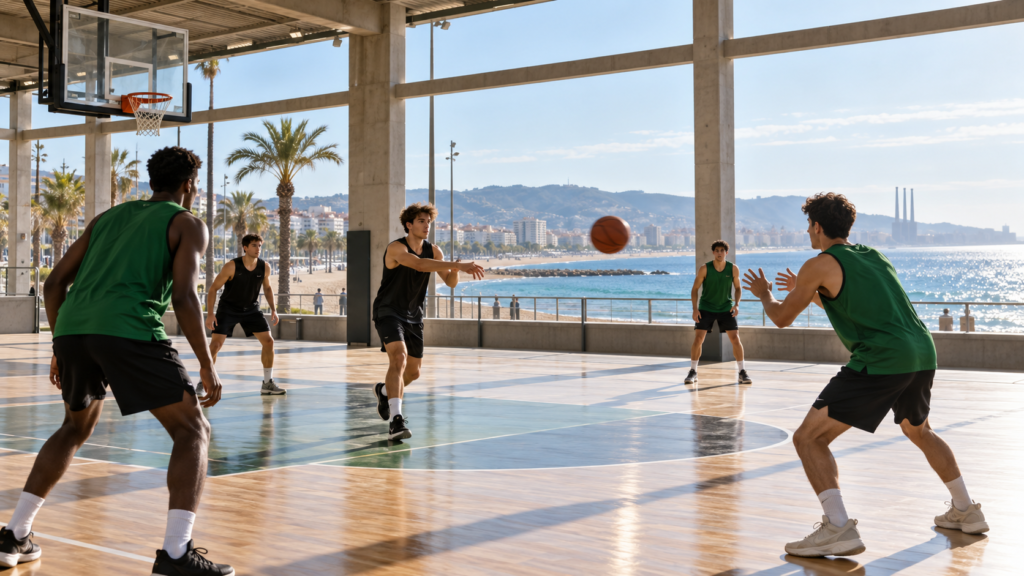 Jugadores jóvenes ficticios practican pases en una cancha costera de Badalona