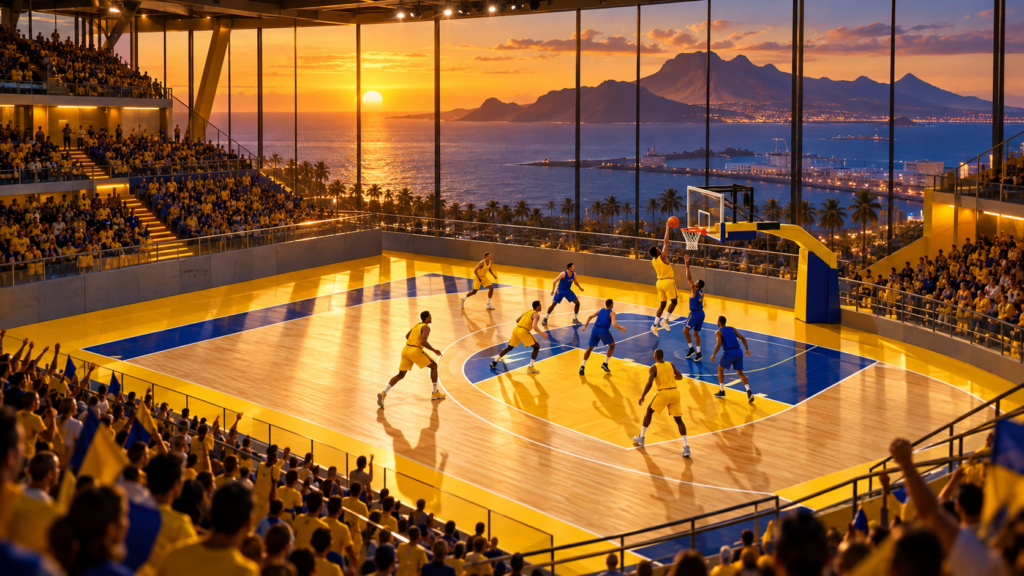 Jugadores ficticios con uniforme amarillo disputan un balón en un pabellón insular