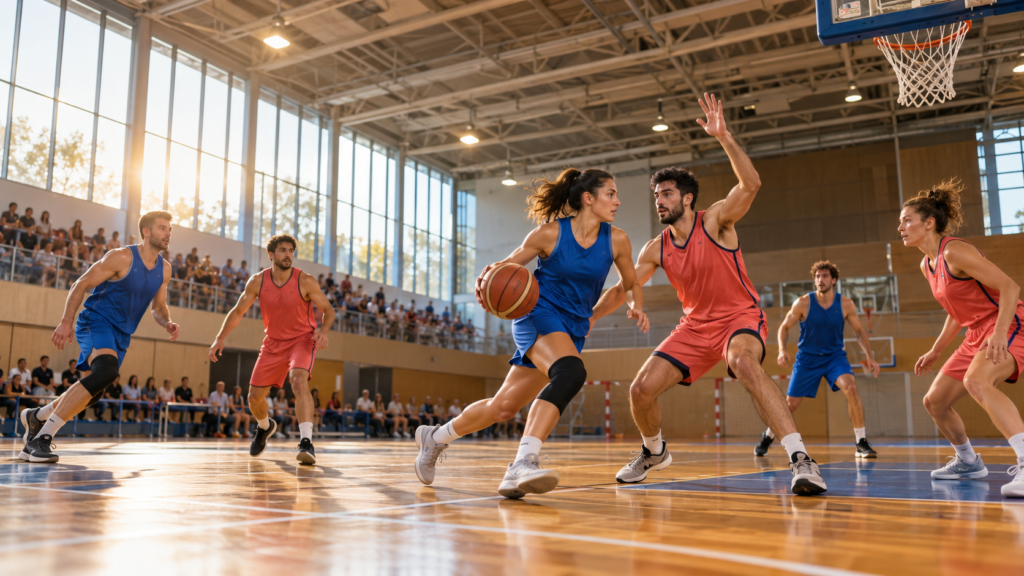 Jugadores disputan una posesión en una cancha cubierta de baloncesto