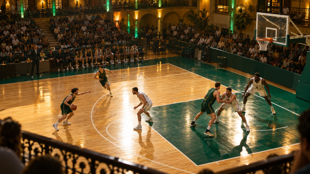Cinco jugadores ocupan distintas zonas de una cancha de baloncesto