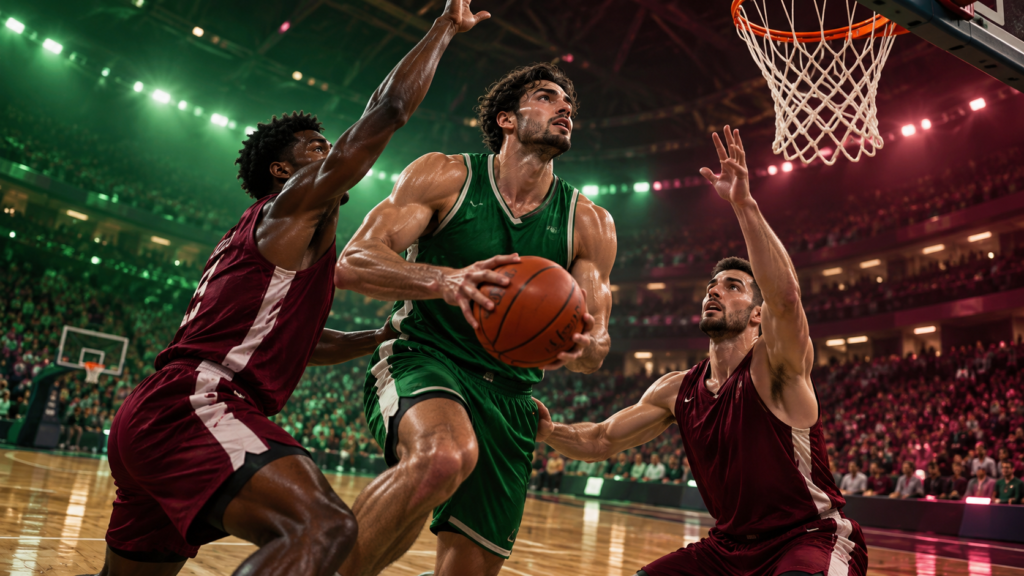 Alero ficticio de verde ataca el aro con un balón de baloncesto ante dos defensores