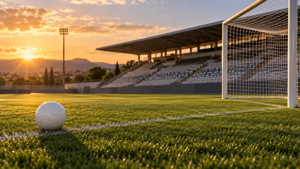 Portería y balón en un campo de fútbol femenino vacío al atardecer