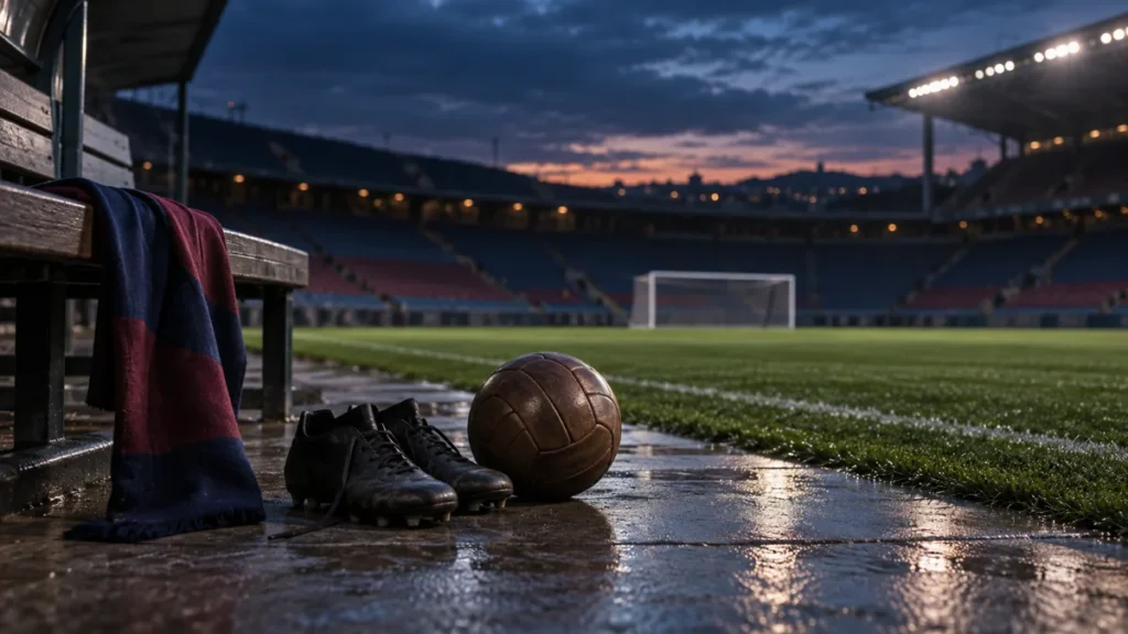 Botas y balón sin marcas junto a un banco de estadio nocturno