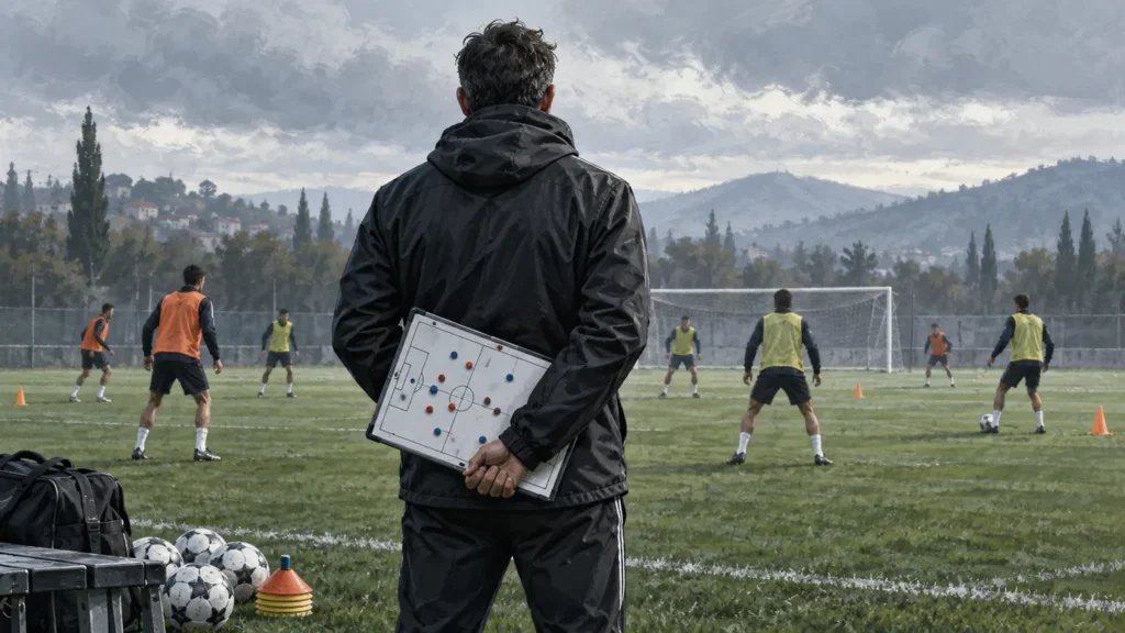 Entrenador con una pizarra táctica observando una sesión de fútbol